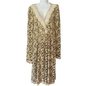 ANTHROPOLOGIE A'REVE Tan Black Lace Crochet Long Sleeve A-Line Dress Large